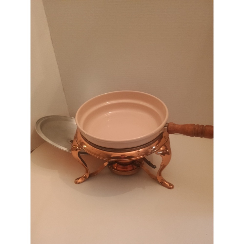 Vintage Copper Brass Skillet Chaffing Dish Fondue Pot with Wood Handle & Stand - Picture 3 of 6